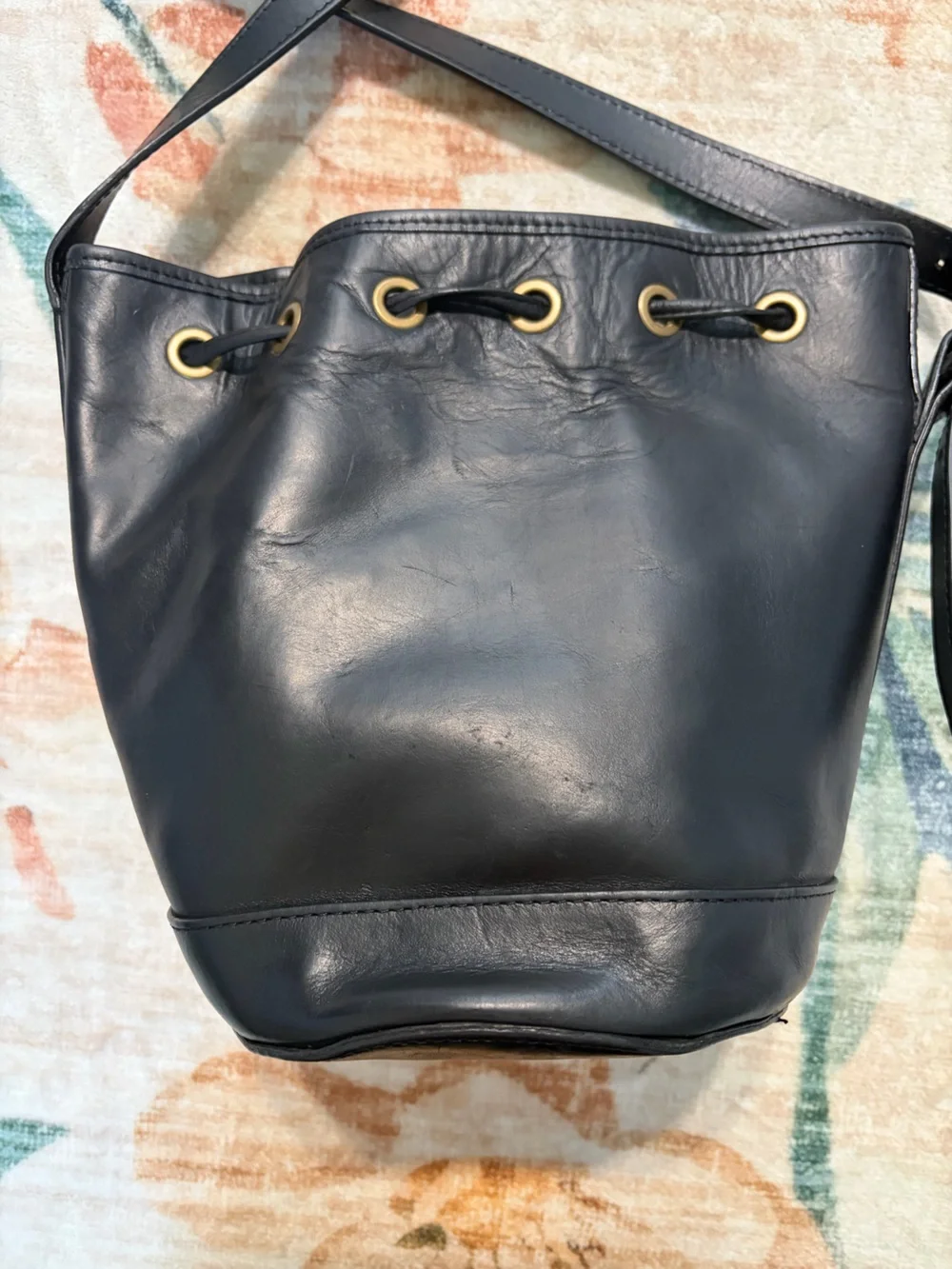 Sezane Mini Farrow Classic Black Leather Drawstring Bucket Bag Crossbody